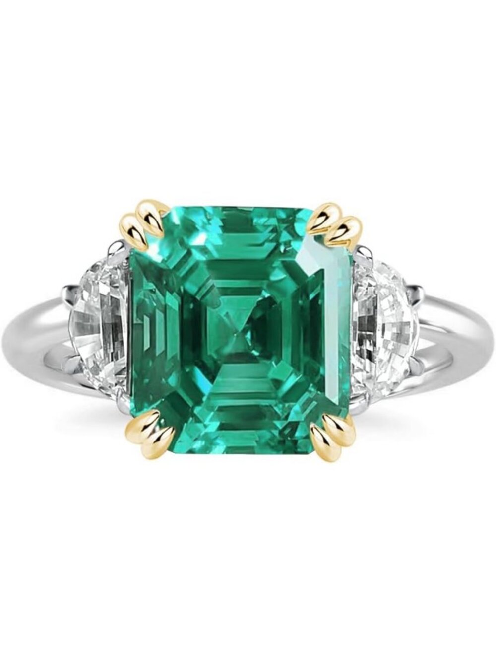 Stunning 4.5ct Emerald Green Engagement Ring, Two-Tone Asscher Cut, Sterling